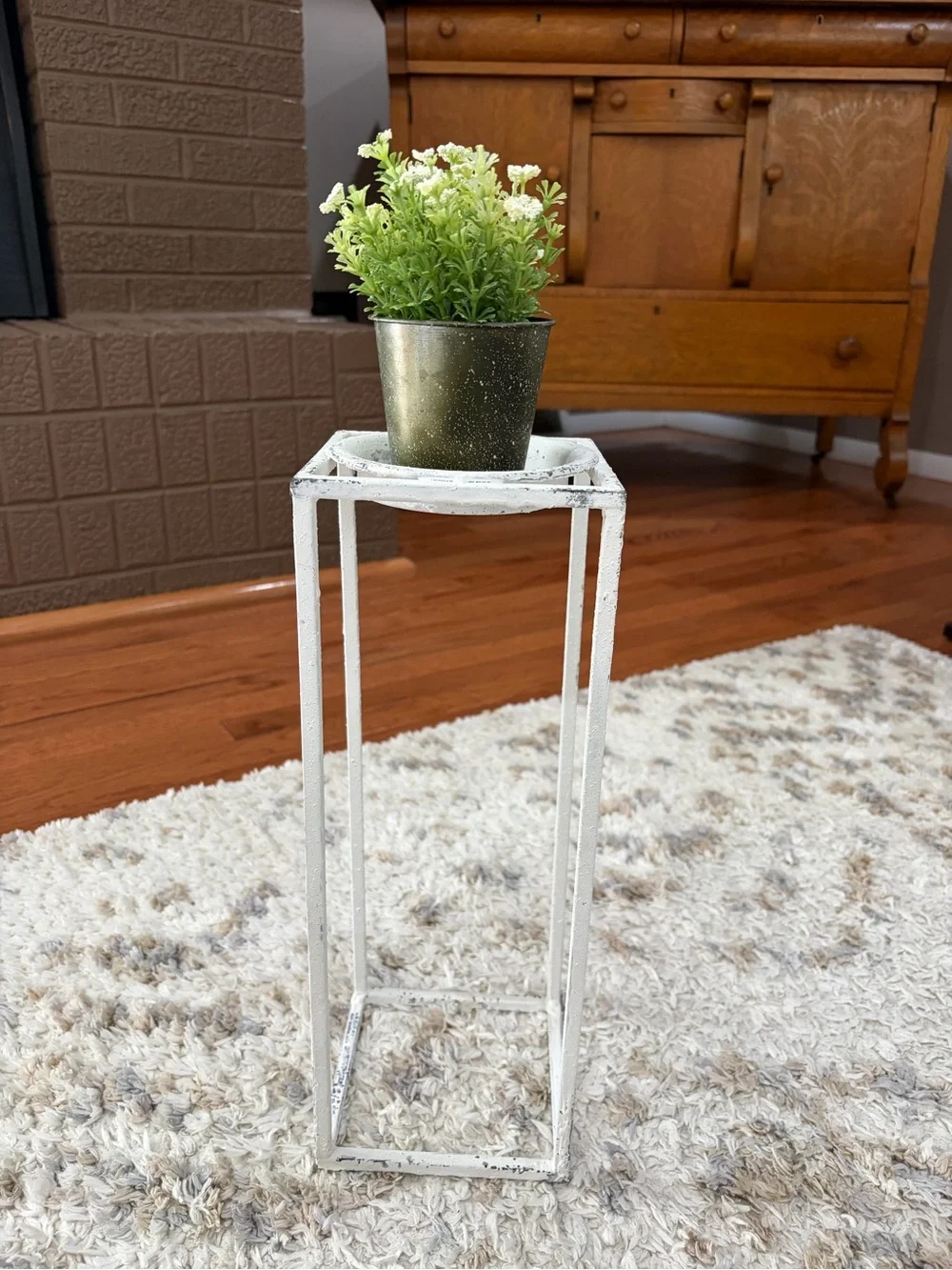 White Metal Plant Stand with Rustic Finish*
